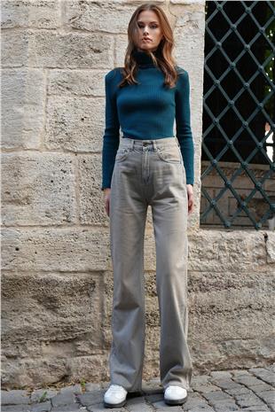 Kadın Gri 5 Cepli Eskitmeli Paçası Püsküllü Palazzo Jean VS01203