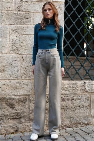 Kadın Gri 5 Cepli Eskitmeli Paçası Püsküllü Palazzo Jean VS01203