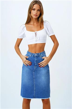 Kadın Koyu Mavi 5 Cepli Eteği Püsküllü Jean Etek VS00851