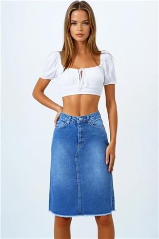 Kadın Koyu Mavi 5 Cepli Eteği Püsküllü Jean Etek VS00851