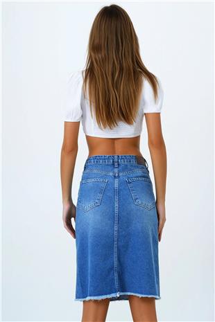 Kadın Koyu Mavi 5 Cepli Eteği Püsküllü Jean Etek VS00851