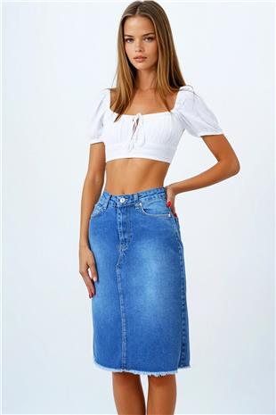 Kadın Koyu Mavi 5 Cepli Eteği Püsküllü Jean Etek VS00851