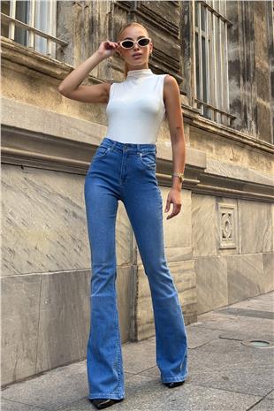 Kadın Mavi 5 Cepli Full Likra İspanyol Paça Jean VS00709