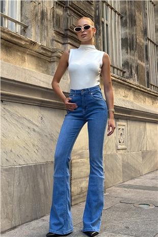 Kadın Mavi 5 Cepli Full Likra İspanyol Paça Jean VS00709