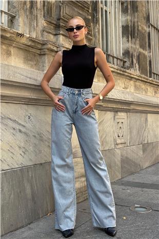 Kadın Açık Mavi 5 Cepli Paçası Püsküllü Bol Paça Jean VS00710