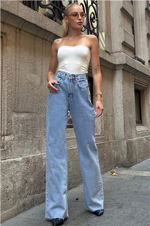 Kadın Mavi 5 Cepli Paçası Püsküllü Bol Paça Jean VS00710