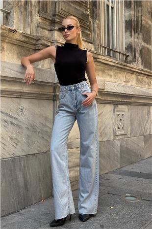 Kadın Açık Mavi 5 Cepli Paçası Püsküllü Bol Paça Jean VS00710