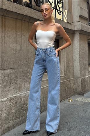 Kadın Mavi 5 Cepli Paçası Püsküllü Bol Paça Jean VS00710