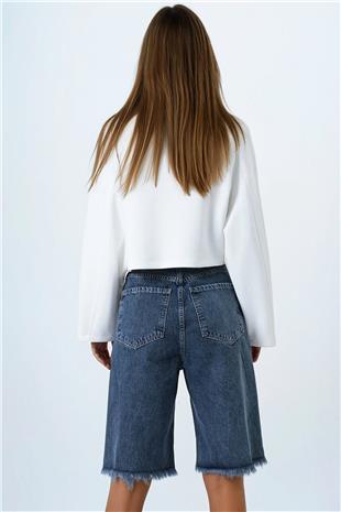 Kadın Antrasit 5 Cepli Paçası Püsküllü Denim Şort VS00857