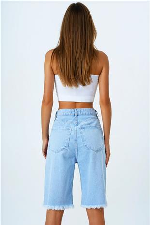Kadın Buz Mavi 5 Cepli Paçası Püsküllü Denim Şort VS00857