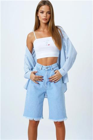 Kadın Buz Mavi 5 Cepli Paçası Püsküllü Denim Şort VS00857