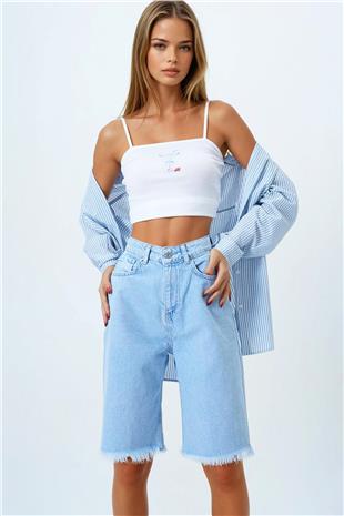 Kadın Buz Mavi 5 Cepli Paçası Püsküllü Denim Şort VS00857