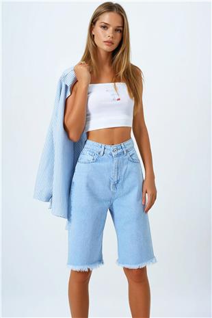 Kadın Buz Mavi 5 Cepli Paçası Püsküllü Denim Şort VS00857