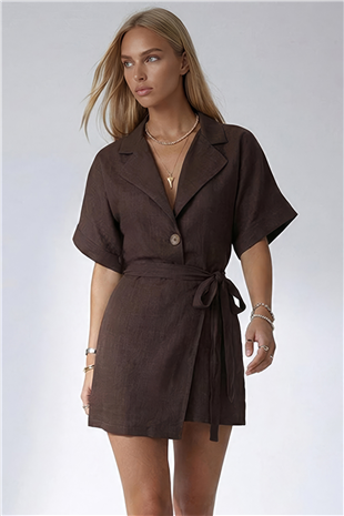 Acı Kahve Ceket Yaka Oversize Keten Gömlek Ve Bağlamalı Şort Etek Takım