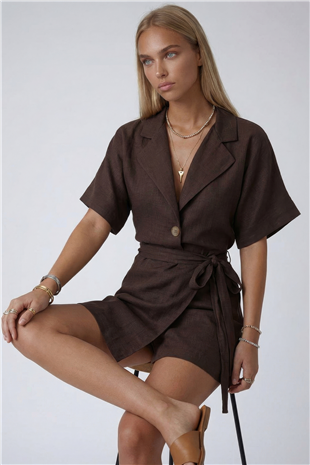 Acı Kahve Ceket Yaka Oversize Keten Gömlek Ve Bağlamalı Şort Etek Takım