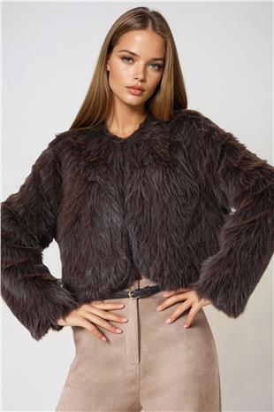 Kadın Kahverengi Agraflı Astarlı Püsküllü Crop Kürk Ceket VS01012