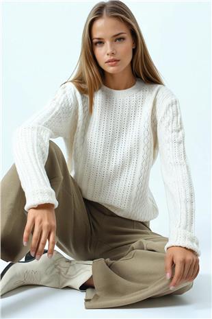 Kadın Krem Ajur Desenli Ribanalı Triko Kazak VS01044