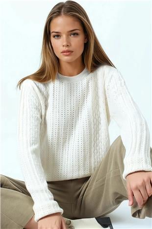 Kadın Krem Ajur Desenli Ribanalı Triko Kazak VS01044