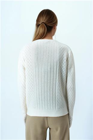 Kadın Krem Ajur Desenli Ribanalı Triko Kazak VS01044