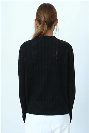 Kadın Siyah Ajur Desenli Ribanalı Triko Kazak VS01044