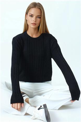 Kadın Siyah Ajur Desenli Ribanalı Triko Kazak VS01044
