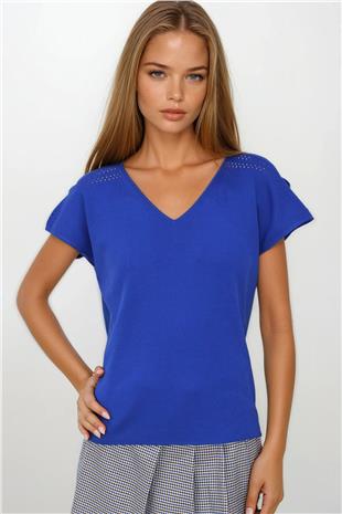 Kadın Saks Ajurlu Kolları Yırtmaç Detaylı Triko Bluz VS00264