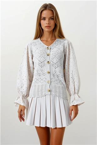 Kadın Bej Ajurlu Triko Brode Kol Düğmeli Hırka VS00859