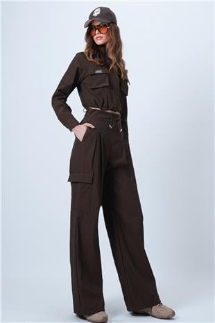 Kadın Kahverengi Hakim Yaka Çift Kapak Cepli Ceket Ve Bol Paça Pantolon Takım VS01342