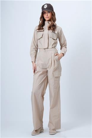 Kadın Bej Akim Yaka Çift Kapak Cepli Ceket Ve Bol Paça Pantolon Takım VS01342