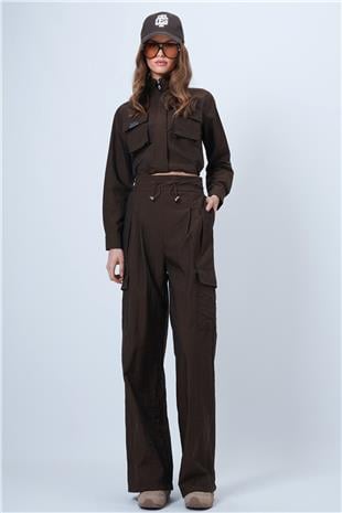 Kadın Kahverengi Hakim Yaka Çift Kapak Cepli Ceket Ve Bol Paça Pantolon Takım VS01342