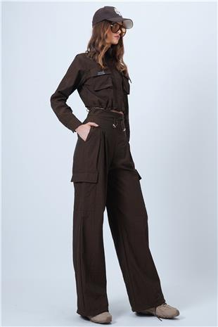Kadın Kahverengi Hakim Yaka Çift Kapak Cepli Ceket Ve Bol Paça Pantolon Takım VS01342