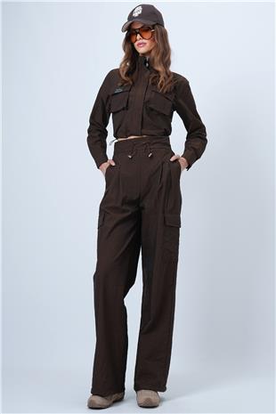 Kadın Kahverengi Hakim Yaka Çift Kapak Cepli Ceket Ve Bol Paça Pantolon Takım VS01342