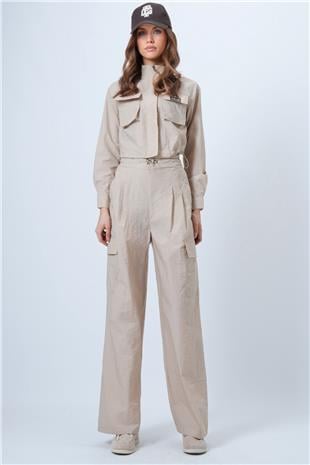 Kadın Bej Akim Yaka Çift Kapak Cepli Ceket Ve Bol Paça Pantolon Takım VS01342