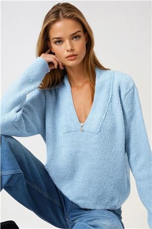 Kadın Bebe Mavi Aksesuar Detaylı V Yaka Uzun Kollu Triko Bluz VS01059