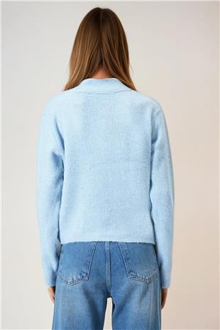 Kadın Bebe Mavi Aksesuar Detaylı V Yaka Uzun Kollu Triko Bluz VS01059