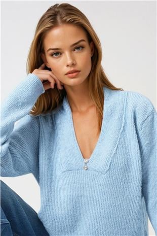 Kadın Bebe Mavi Aksesuar Detaylı V Yaka Uzun Kollu Triko Bluz VS01059