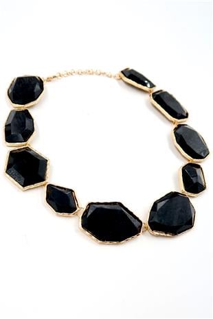 Kadın Siyah Altın Çerçeveli Asimetrik Taşlı Kolye ALC-X13817