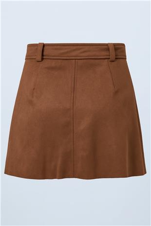 Kadın Taba Altın Tokalı Kemerli Süet Görünümlü Mini Etek VS00853