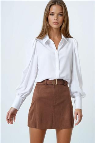 Kadın Taba Altın Tokalı Kemerli Süet Görünümlü Mini Etek VS00853