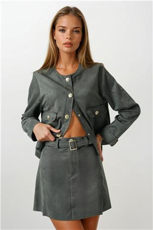 Kadın Haki Altın Tokalı Kemerli Süet Görünümlü Mini Etek VS00853
