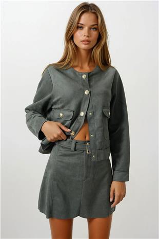 Kadın Haki Altın Tokalı Kemerli Süet Görünümlü Mini Etek VS00853