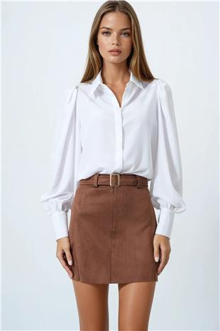 Kadın Taba Altın Tokalı Kemerli Süet Görünümlü Mini Etek VS00853