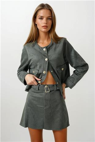 Kadın Haki Altın Tokalı Kemerli Süet Görünümlü Mini Etek VS00853