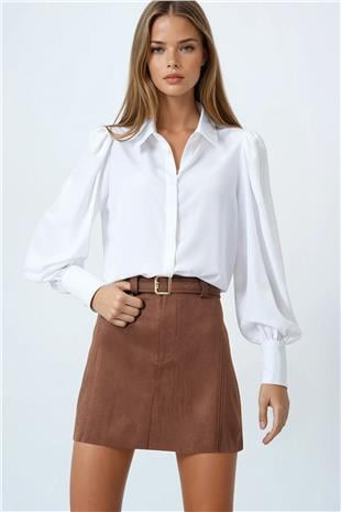 Kadın Taba Altın Tokalı Kemerli Süet Görünümlü Mini Etek VS00853