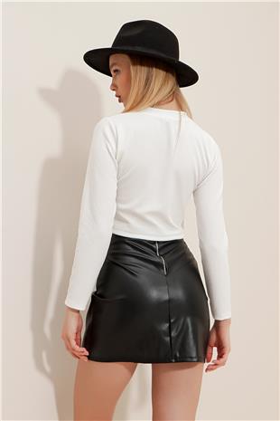 Kadın Siyah Arkası Fermuarlı Suni Deri Mini Etek ALC-X9638