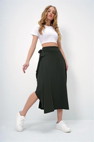 Kadın Haki Asimetrik Kesim Beli Bağlamalı Etek ALC-X5001