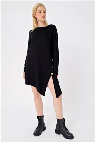 Kadın Siyah Asimetrik Kesim Düğme Detaylı Viscon Elbise ALC-X4860