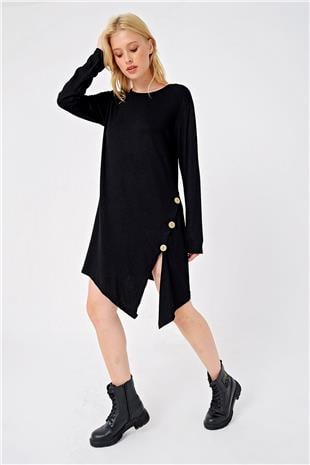 Kadın Siyah Asimetrik Kesim Düğme Detaylı Viscon Elbise ALC-X4860