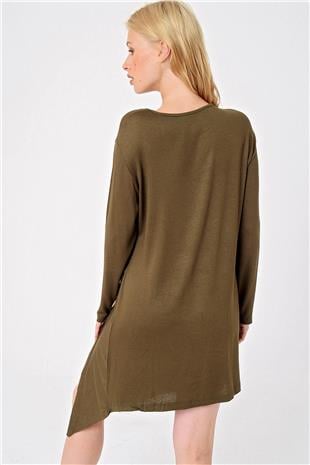 Kadın Haki Asimetrik Kesim Düğme Detaylı Viscon Elbise ALC-X4860