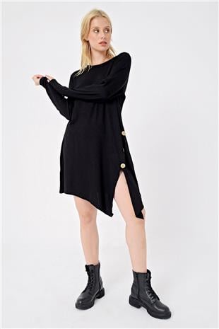 Kadın Siyah Asimetrik Kesim Düğme Detaylı Viscon Elbise ALC-X4860